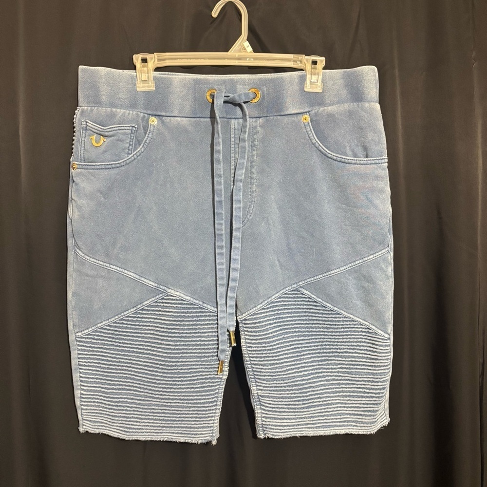 True Religion Light Blue Shorts with Signature Stitching size L Stretch
